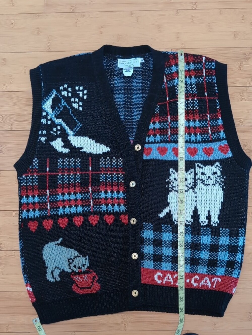 Sweater Loft Cute Cat Patchwork Knit Vest Knit Size Large - Picture 9 of 11